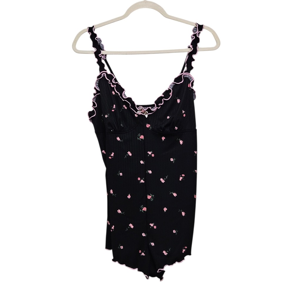 Floral Bodysuit Romper Women XL Black Pink Ruffle Trim Coquette Cottagecore‎